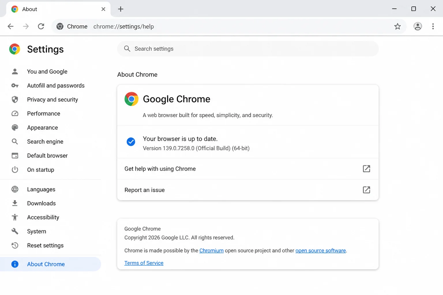 Chrome About page showing the update-status area without emphasizing a version number