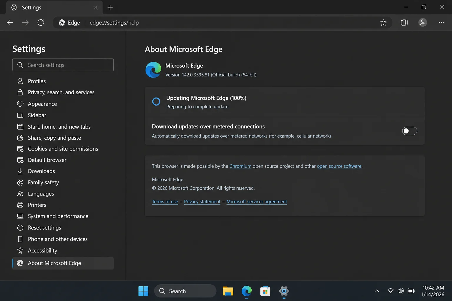 Edge About page showing the update-status area without emphasizing a version number