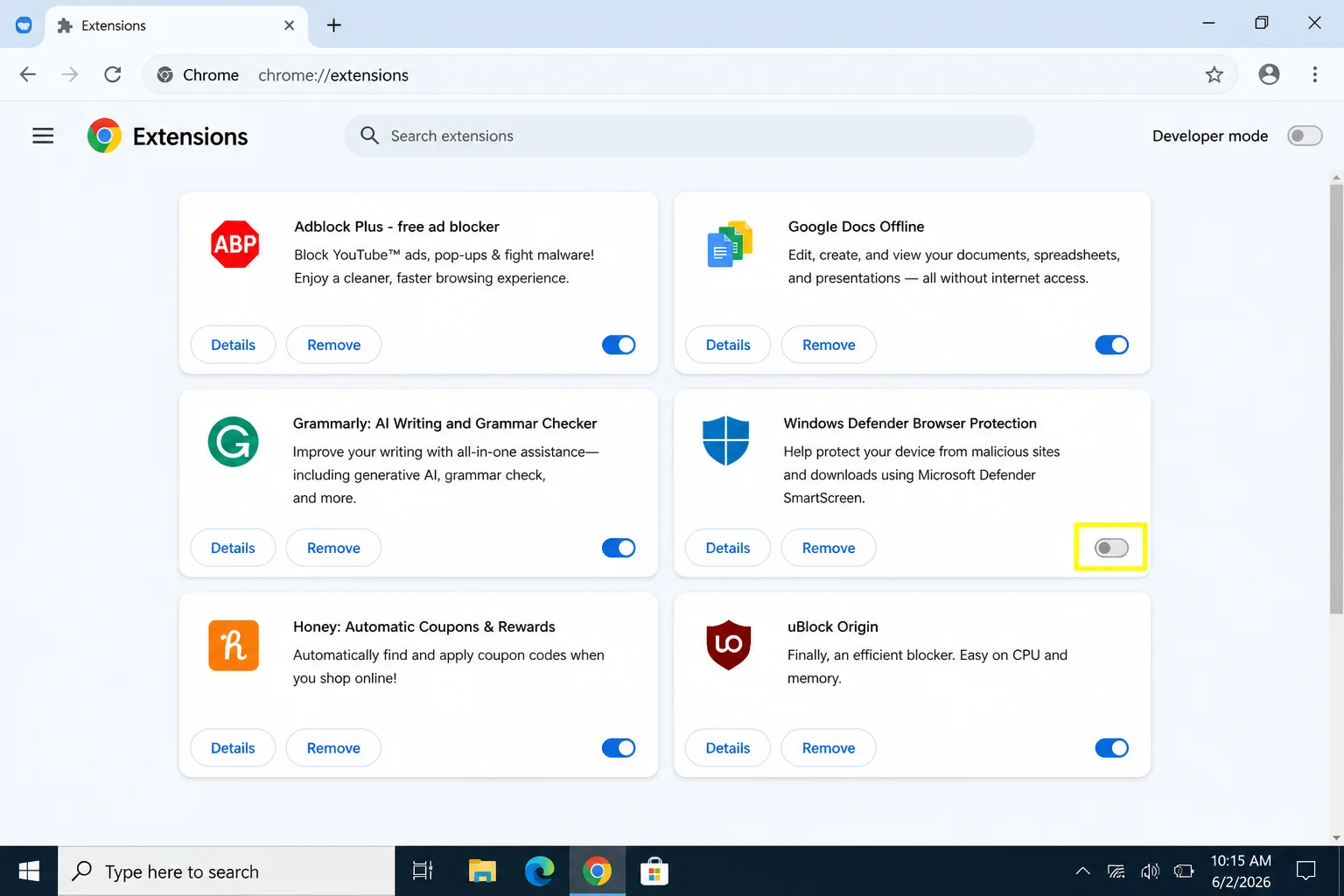 Chrome extensions page at chrome://extensions showing Details, enable switches, and Remove controls for diagnosing resource-heavy add-ons