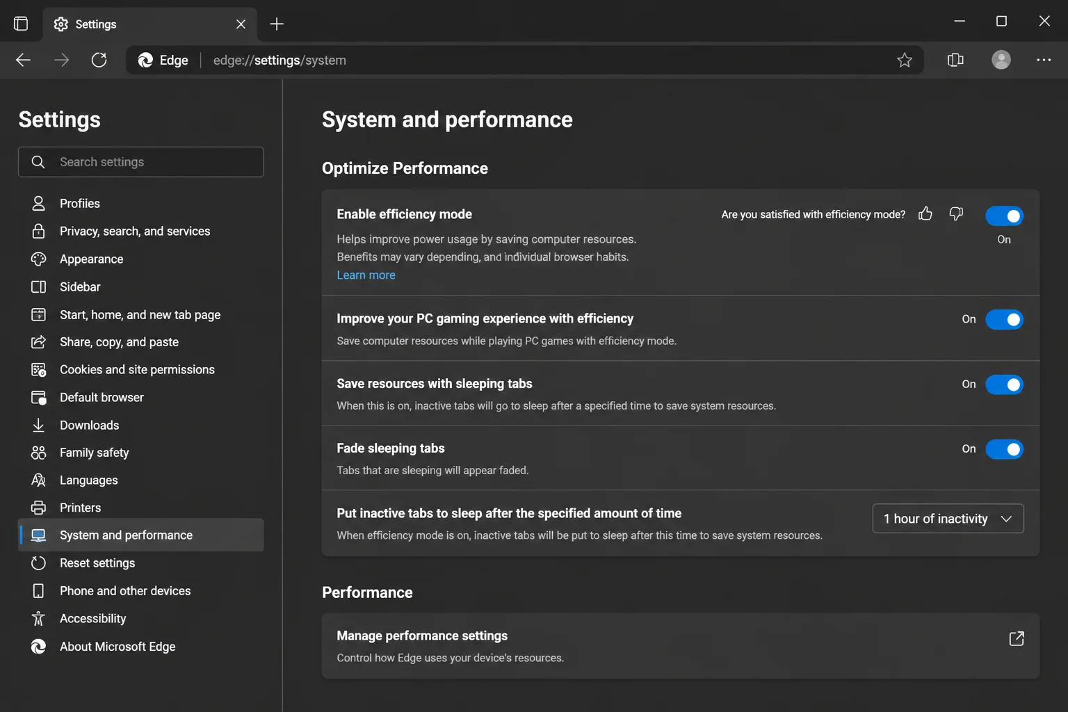 Edge performance settings at edge://settings/system showing Efficiency mode and available battery-related activation controls