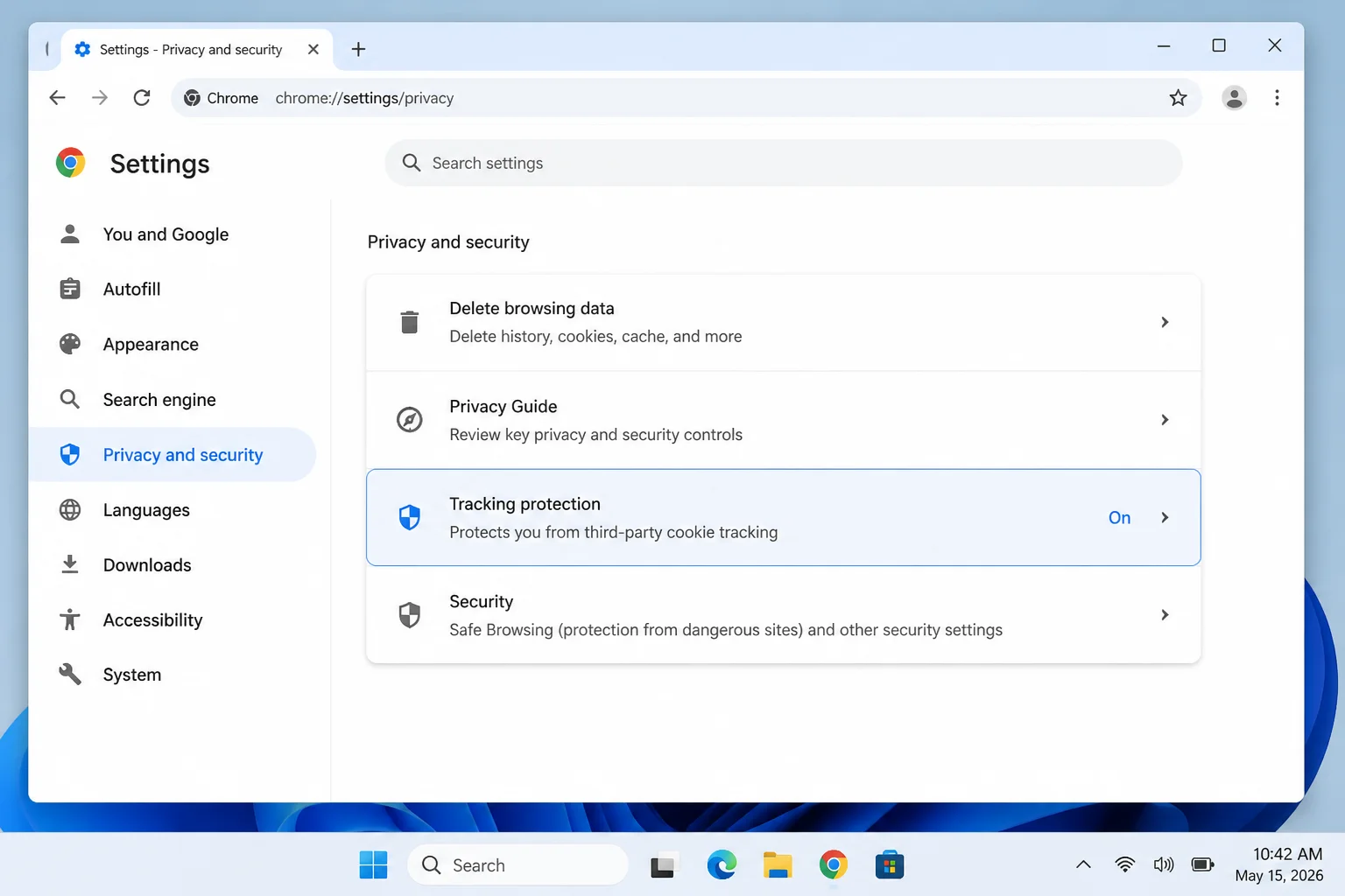 Chrome Privacy and security page at chrome://settings/privacy showing Third-party cookies or Tracking protection, Ad privacy, Site settings, and Delete browsing data