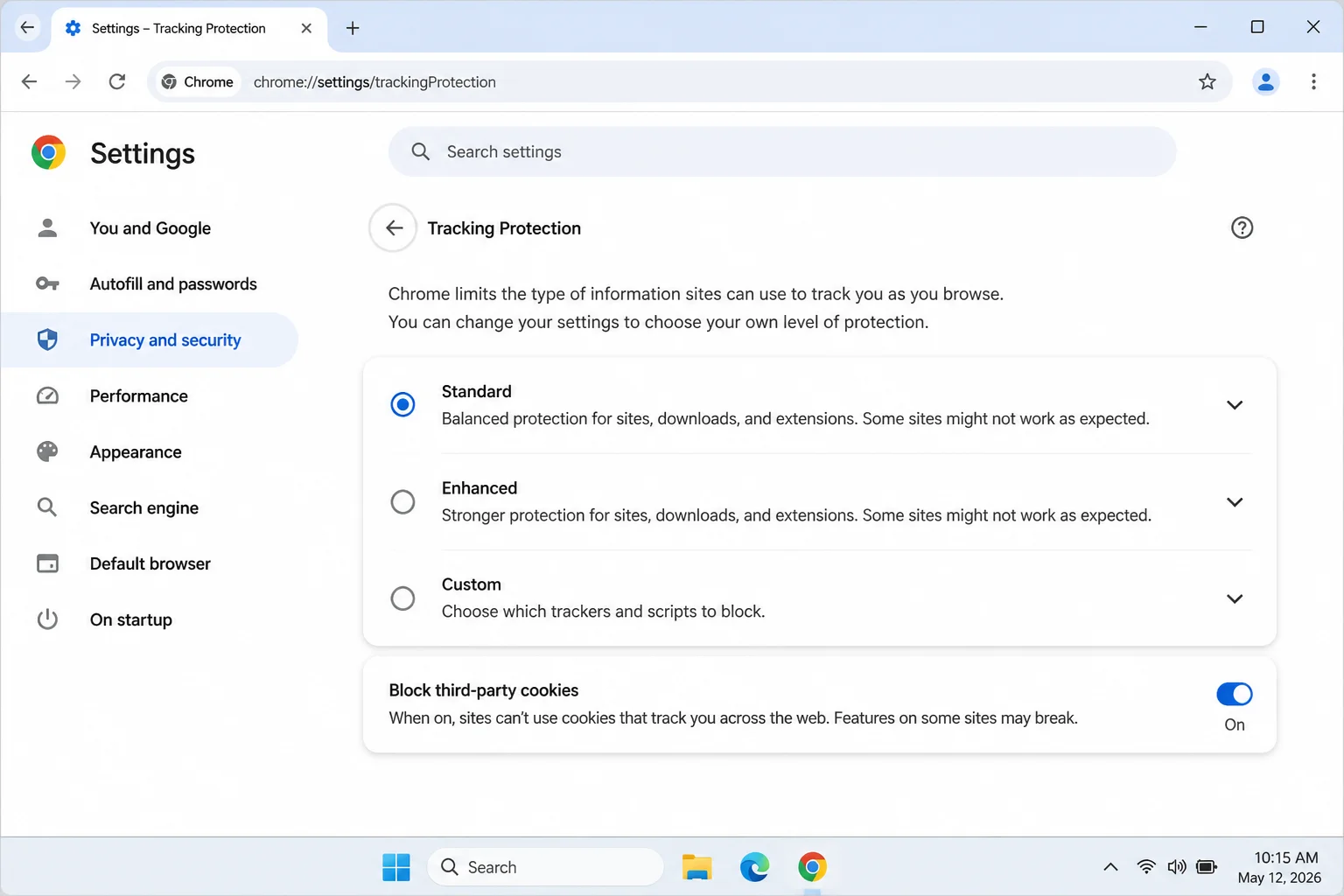 Chrome third-party-cookie or Tracking protection controls at chrome://settings/trackingProtection showing blocking choices and site exceptions without assuming a selected state
