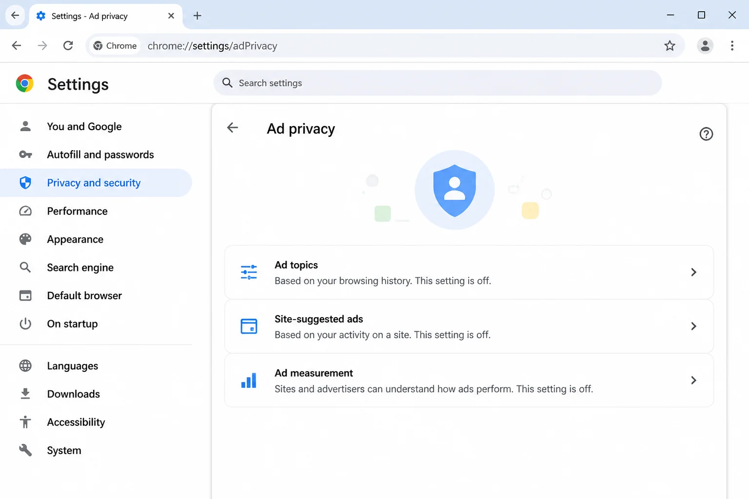 Chrome Ad privacy page at chrome://settings/adPrivacy showing Ad topics, Site-suggested ads, and Ad measurement