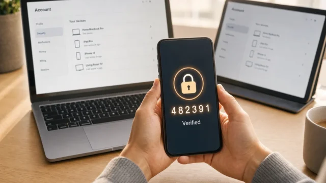 Person holding a smartphone with a glowing lock icon and 'Verified' code, while two laptops show account security settings in the background. - enable-two-factor-authentication-icloud-ios-featured