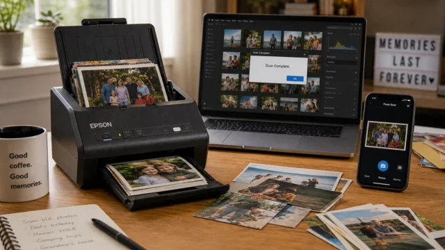 Desk setup for digitizing printed photos: Epson scanner, laptop with photo library, phone, and scattered prints on a wooden table. - fastest-way-to-scan-large-number-of-photos-featured