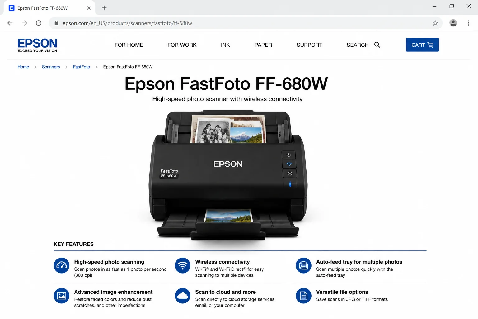 Epson FastFoto FF-680W product page showing the scanner with the auto-feed photo tray extended