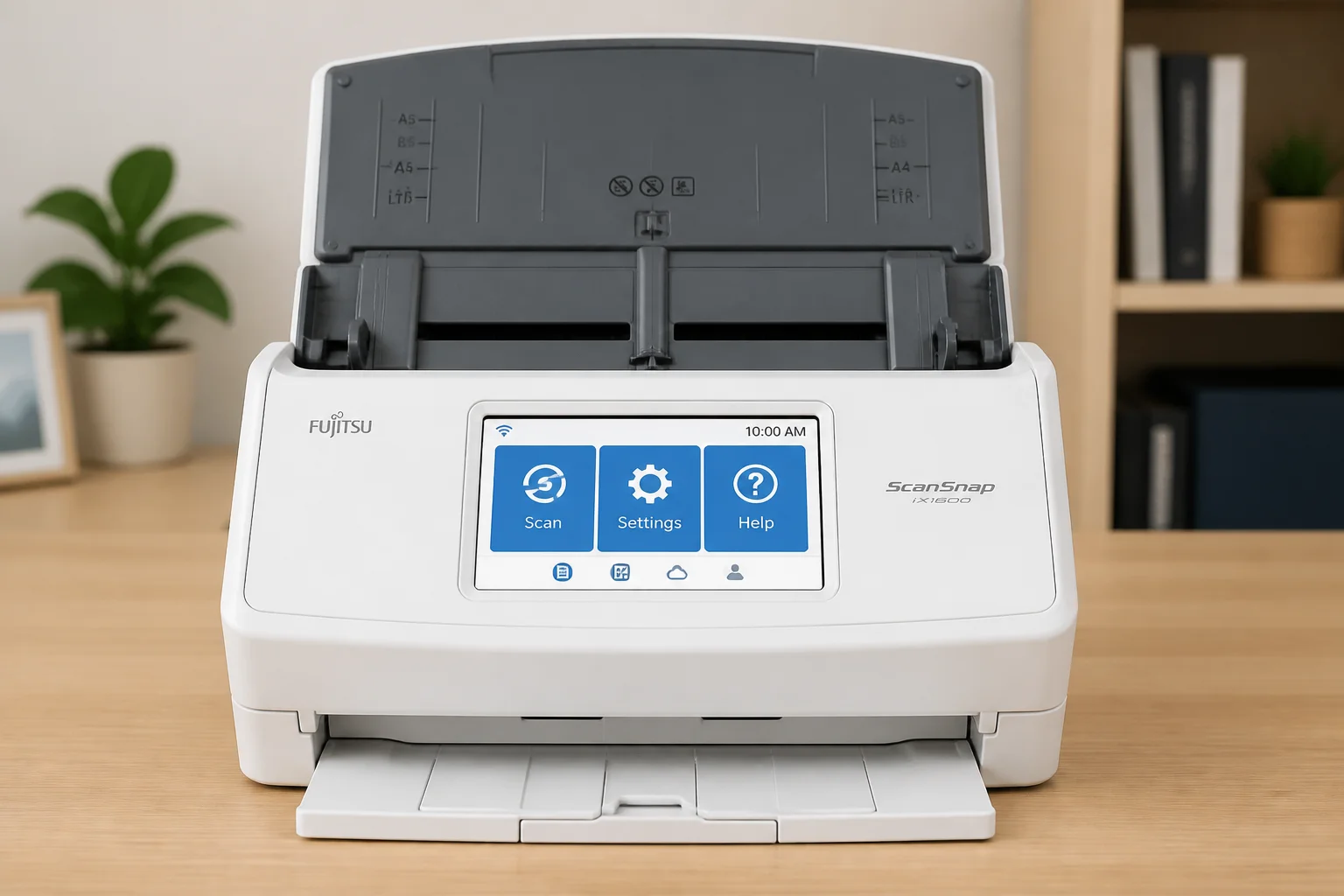 Fujitsu ScanSnap iX series scanner product photo showing front of device with feeder tray open