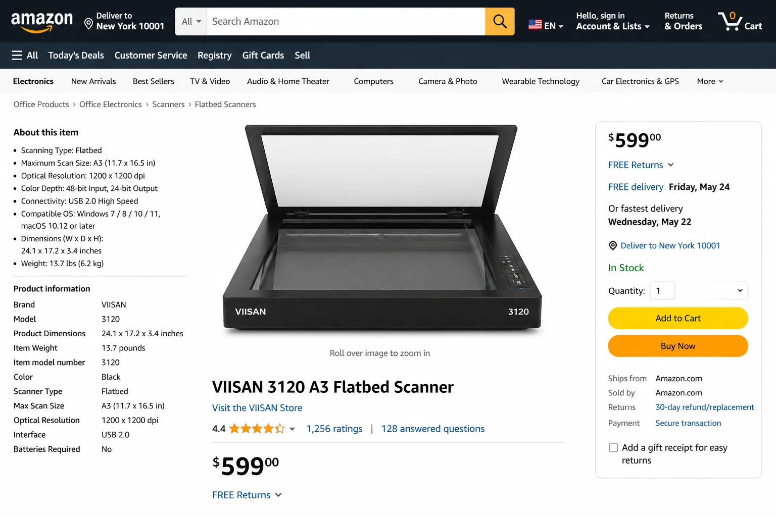 High-resolution flatbed photo scanner product page showing the glass scanning bed with the lid open, suitable for fragile or large-format prints