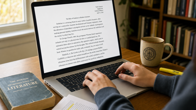 Person typing on a laptop at a wooden desk, with a blue Norton Introduction to Literature book, a mug, and scattered papers nearby. - featured-1