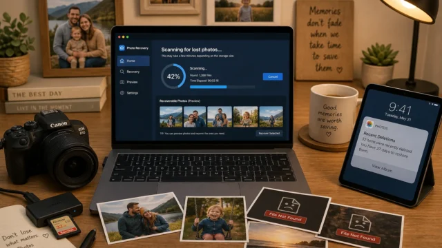 A desk setup with a laptop displaying a photo-recovery app, surrounded by photos, a camera, and a tablet on a wooden desk. - featured-1