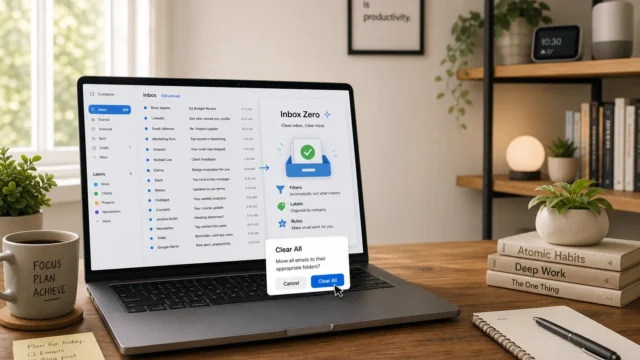 Laptop on a wooden desk displaying an inbox interface, with a 'FOCUS PLAN ACHIEVE' mug beside a plant. - featured-10