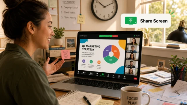 Woman presenting a Zoom screen share of a 'Q2 Marketing Strategy' slide with a colorful pie chart to colleagues in a bright home office. - featured-11