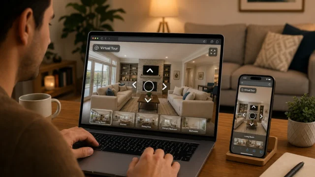 Person uses a laptop to view a home’s living room virtual tour; a smartphone beside shows the same tour on a stand. - featured-12
