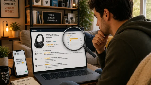 Person seated at a desk examining a laptop screen showing an Amazon product page for headphones with a magnifying glass overlay highlighting reviews. - featured-13