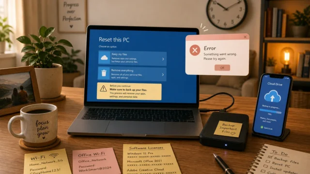 Home office workspace with a laptop showing a PC reset screen and a nearby error popup, a phone for cloud backup, and sticky notes on the desk. - featured-14