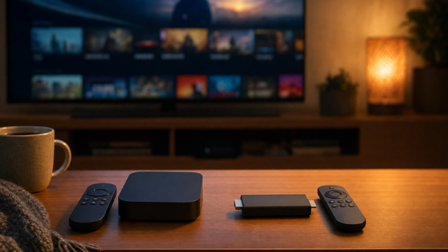 Cozy living room with a streaming box and two remotes on a wooden coffee table, blurred TV screen in the background. - featured-2