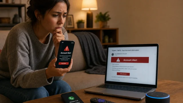 Concerned woman sits on a couch in a living room, reading a red 'Account Alert' warning on her smartphone while a laptop on the table also shows an account alert. - featured-2