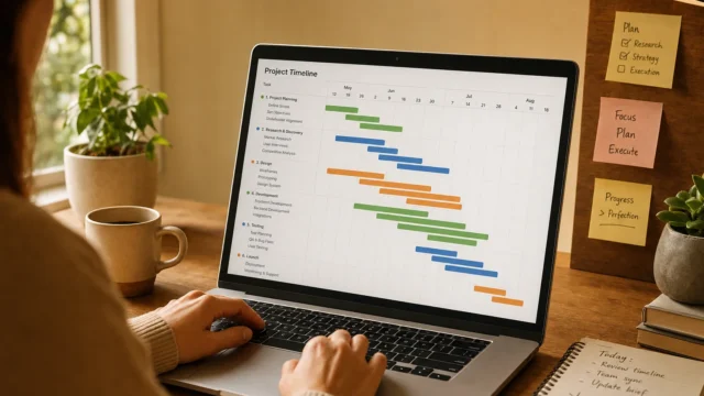 Person working at a desk, laptop screen shows a colorful project timeline (Gantt chart) with tasks and dates. - featured-3