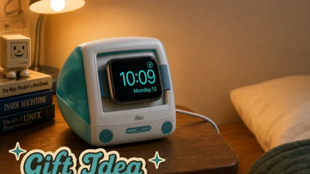 Retro turquoise iMac-shaped clock on a bedside table with a digital smartwatch display showing 10:09 and Monday 12, next to stacked programming books and a small lamp; foreground shows a 'Gift Idea' sticker banner. - featured-4