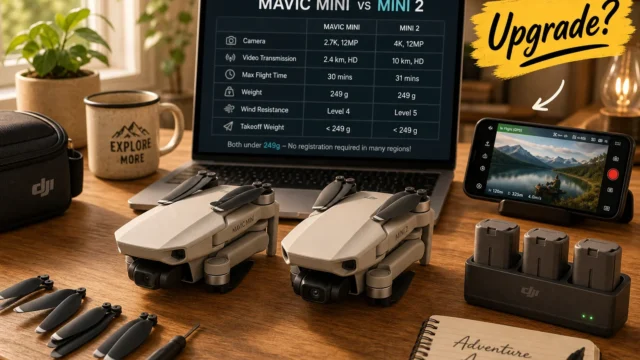 Two DJI Mavic Mini drones on a wooden desk with propellers, battery charger, and a laptop displaying a MAVIC MINI vs MINI 2 comparison; a yellow Upgrade! graphic on the right. - featured-5