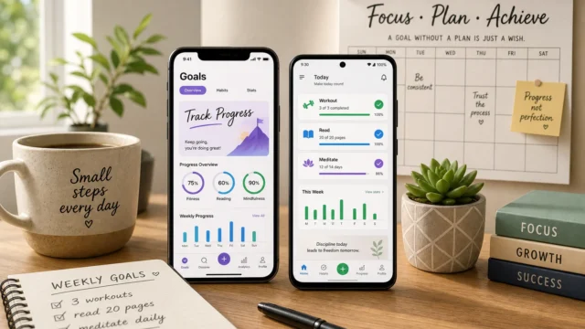 Two smartphones on a desk show goal-tracking app screens; a mug that says 'Small steps every day' and a 'Weekly Goals' notebook sit nearby—productive workspace. - featured-6