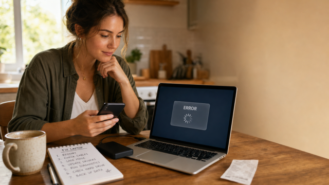 Woman at a wooden table checks her phone while a laptop displays an on-screen error message, with a notebook and coffee nearby. - featured