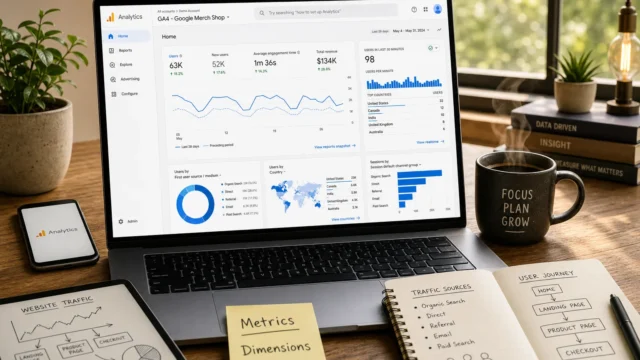 Analytics workspace: laptop screen shows dashboards and charts, with a tablet and open notebooks displaying traffic diagrams on a wooden desk. - featured