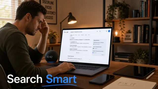Man focused at a wooden desk, typing on a laptop with search results on screen, a glowing smart speaker nearby. - featured-7
