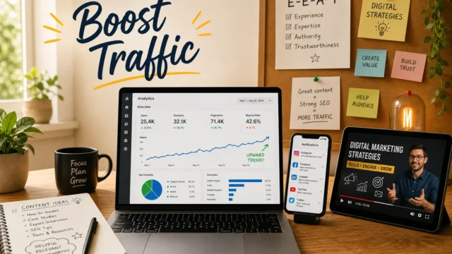 Desk workspace for digital marketing: a large 'Boost Traffic' sign, laptop showing analytics charts, tablet with 'Digital Marketing Strategies' video, smartphone notifications, and sticky notes about marketing ideas nearby. - featured-8