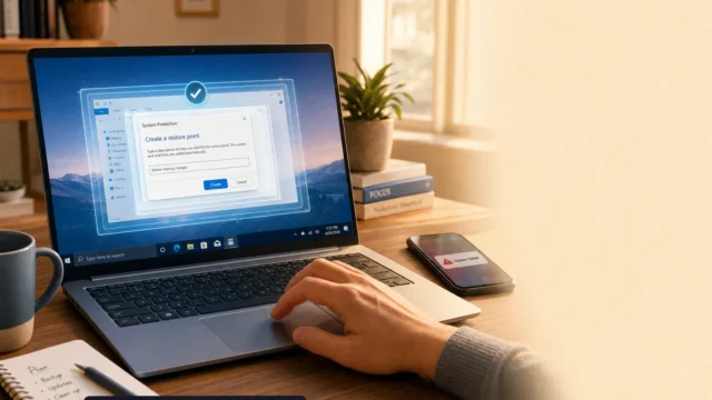 Person using a laptop at a wooden desk with a 'Create a restore point' dialog open on the screen, a notebook and mug nearby. - featured-9