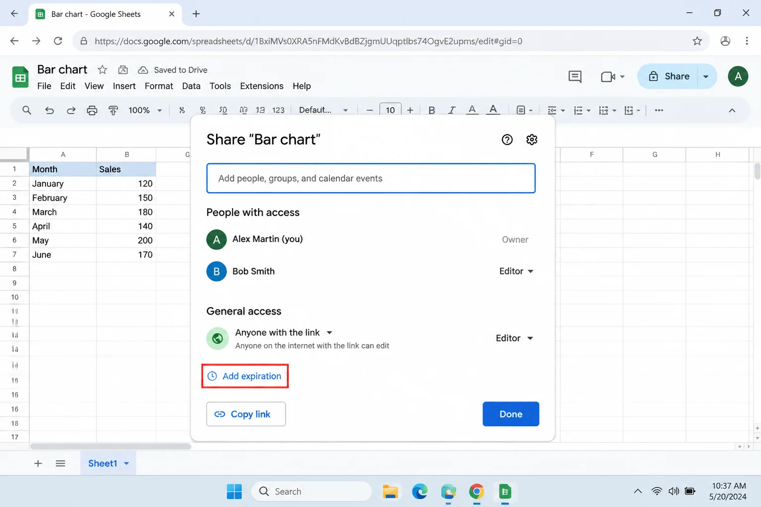 A disposable spreadsheet sharing dialog with the access section and permission controls visible