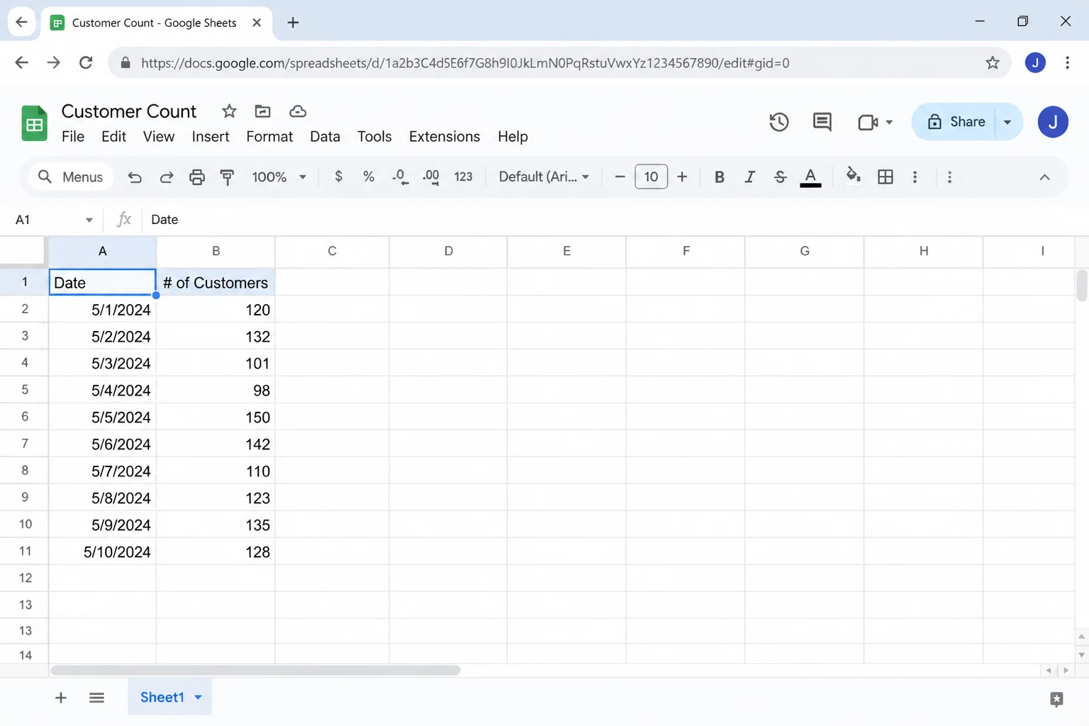 A disposable spreadsheet with non-sensitive sample data in the normal Google Sheets editing workspace