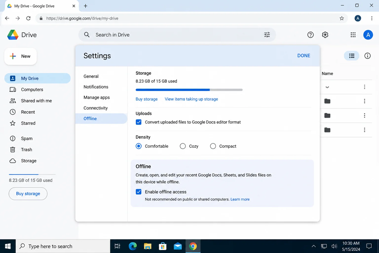 Google Drive settings with the Offline section visible