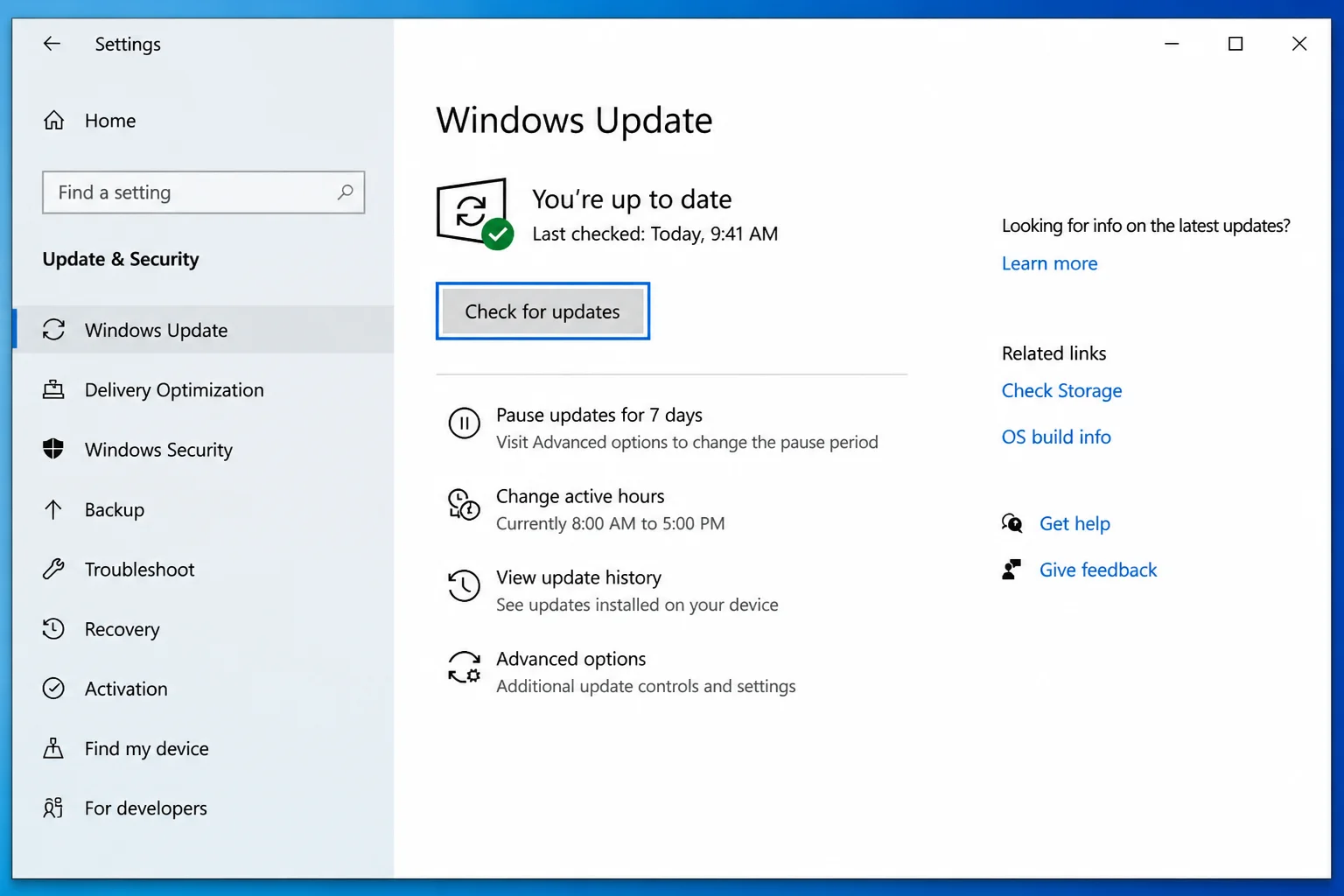 Windows Settings open to Windows Update with the Check for updates control visible