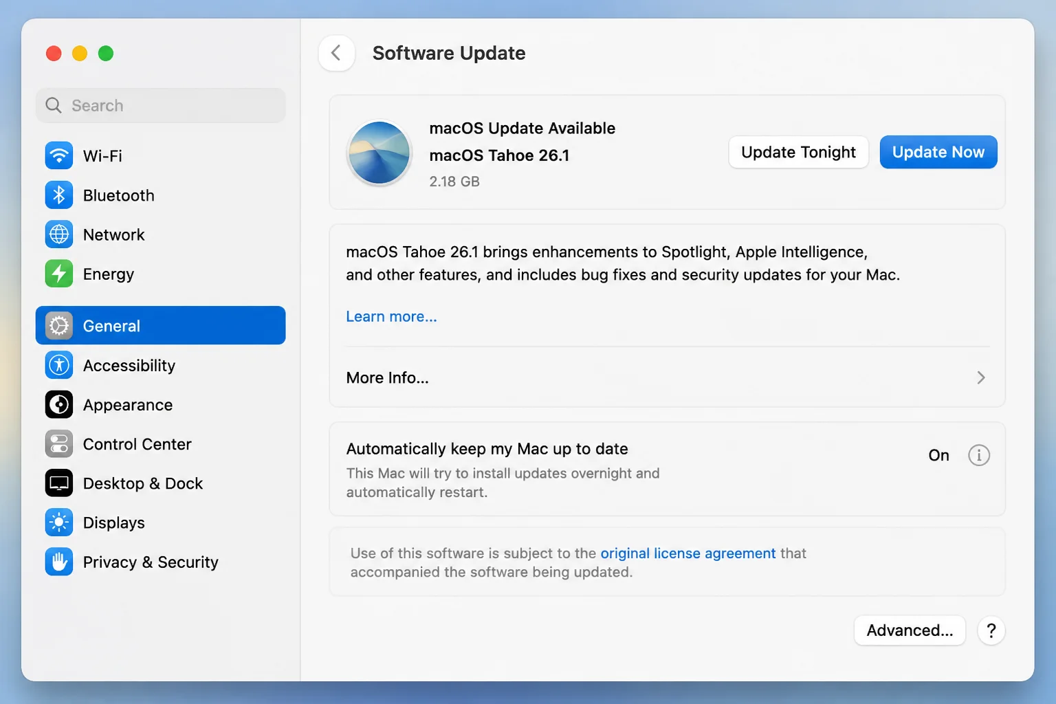 macOS System Settings open to General and Software Update with no personal Apple Account details visible