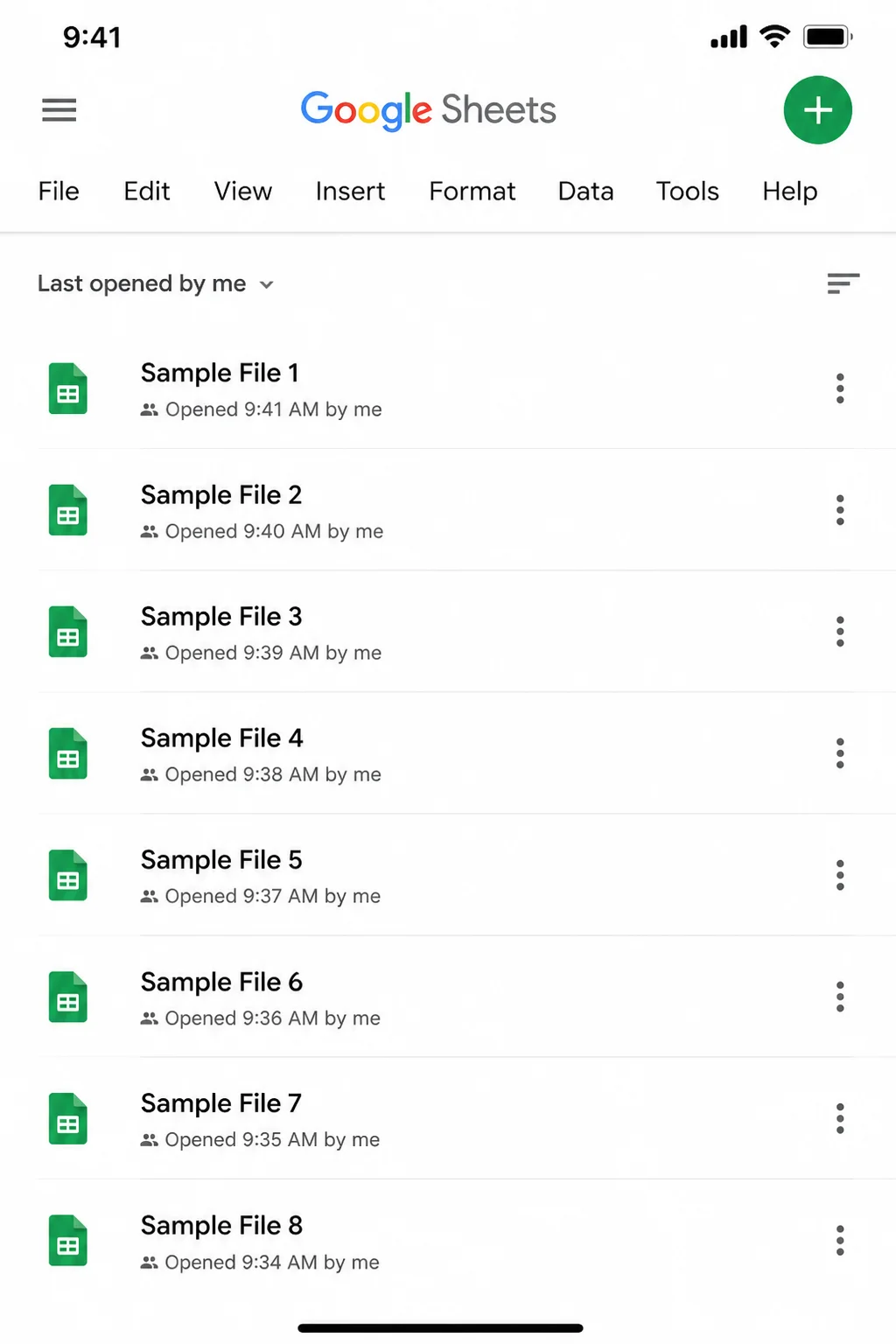 The Google Sheets file list on iPhone or iPad using only disposable sample files, with the stable file menu visible