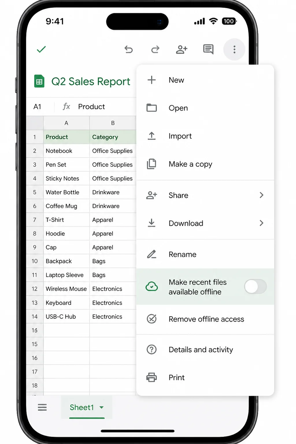 A disposable file menu in the iOS Google Sheets app with the offline-availability control highlighted without assuming its current state