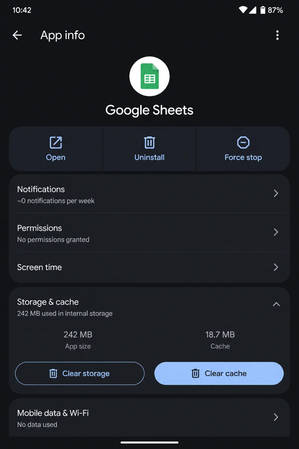 Android App info for Google Sheets showing Storage and cache controls, with Clear cache highlighted and Clear storage not selected