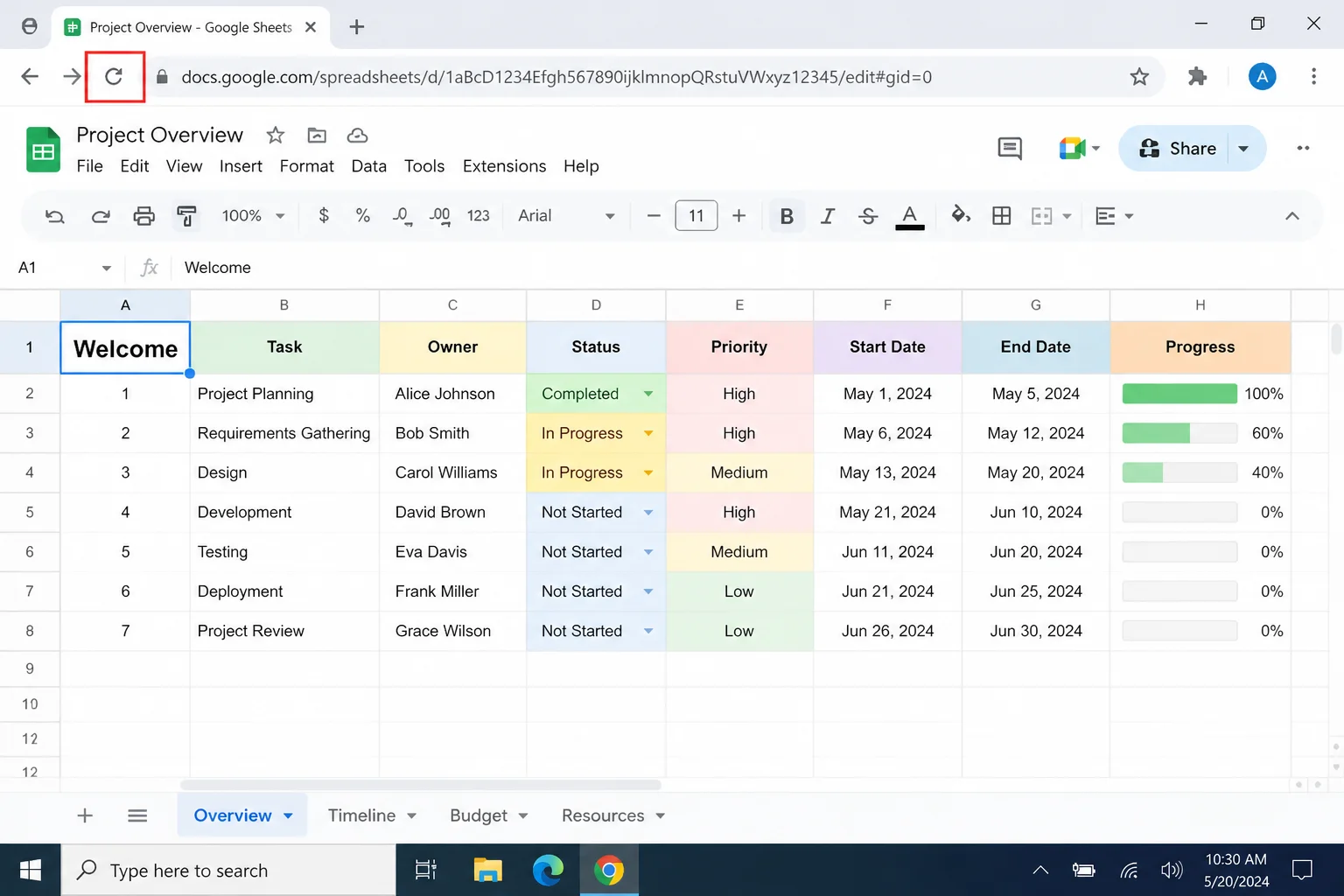 A browser displaying a non-sensitive Google Sheets file with the refresh button in the toolbar highlighted