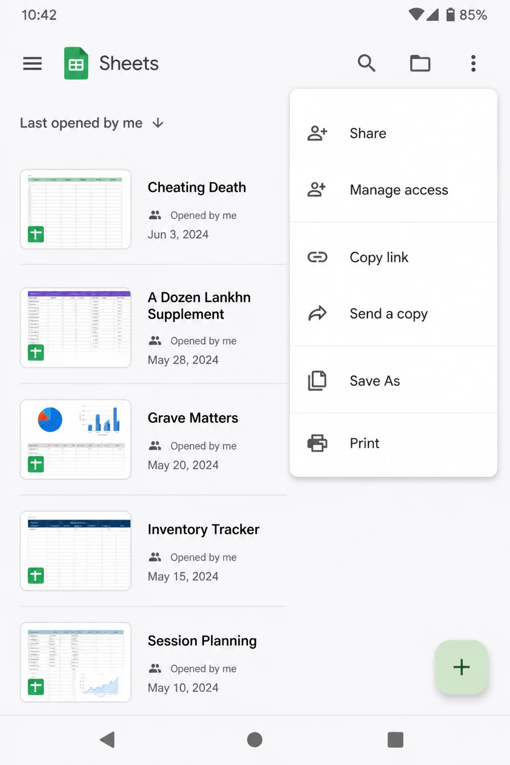 The normal Google Sheets file list on Android using disposable sample files and showing the stable file menu