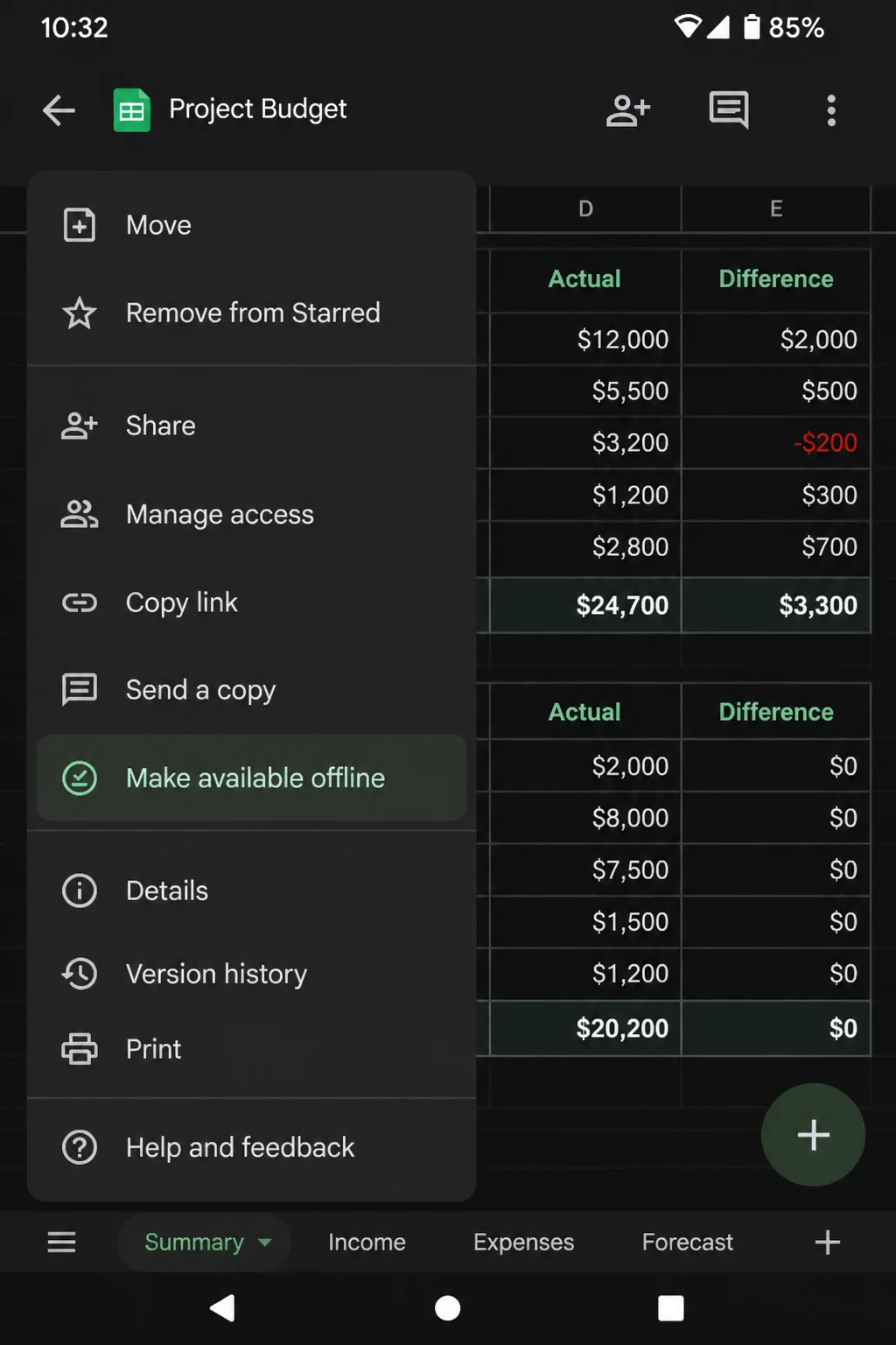 A disposable file menu in the Android Google Sheets app with the offline-availability control highlighted without assuming its current state