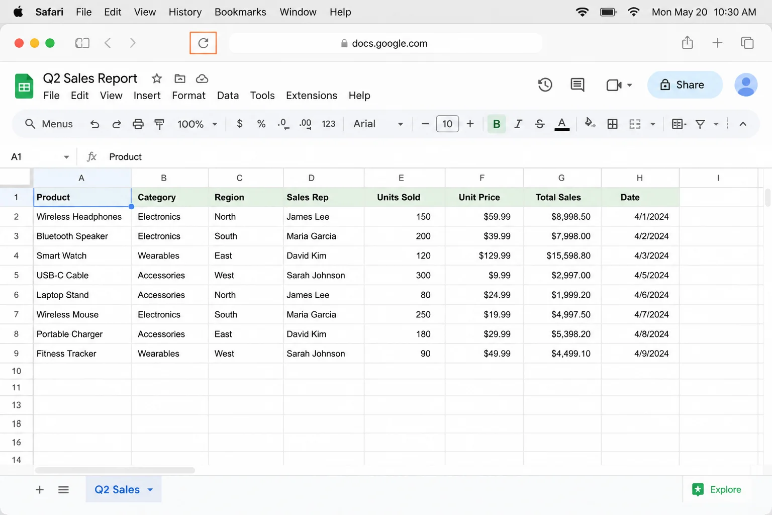 A browser displaying a non-sensitive Google Sheets file with the refresh button in the toolbar highlighted