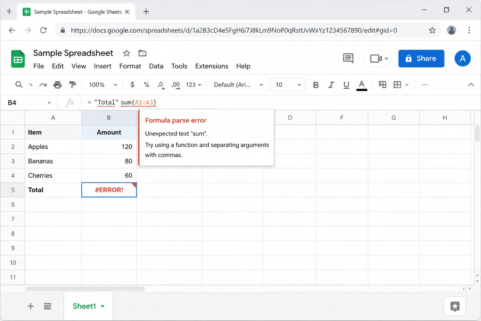 A disposable sample spreadsheet showing a reproducible formula error with the affected cell and its error explanation highlighted