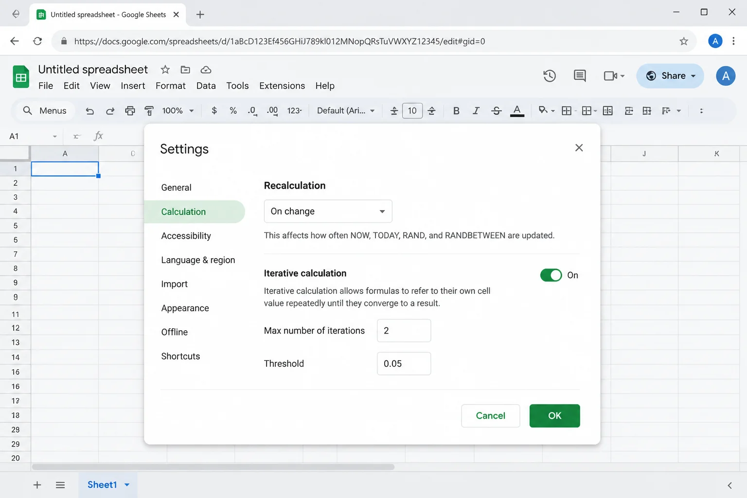 A disposable spreadsheet Settings dialog showing the Calculation section and available recalculation controls without claiming a default