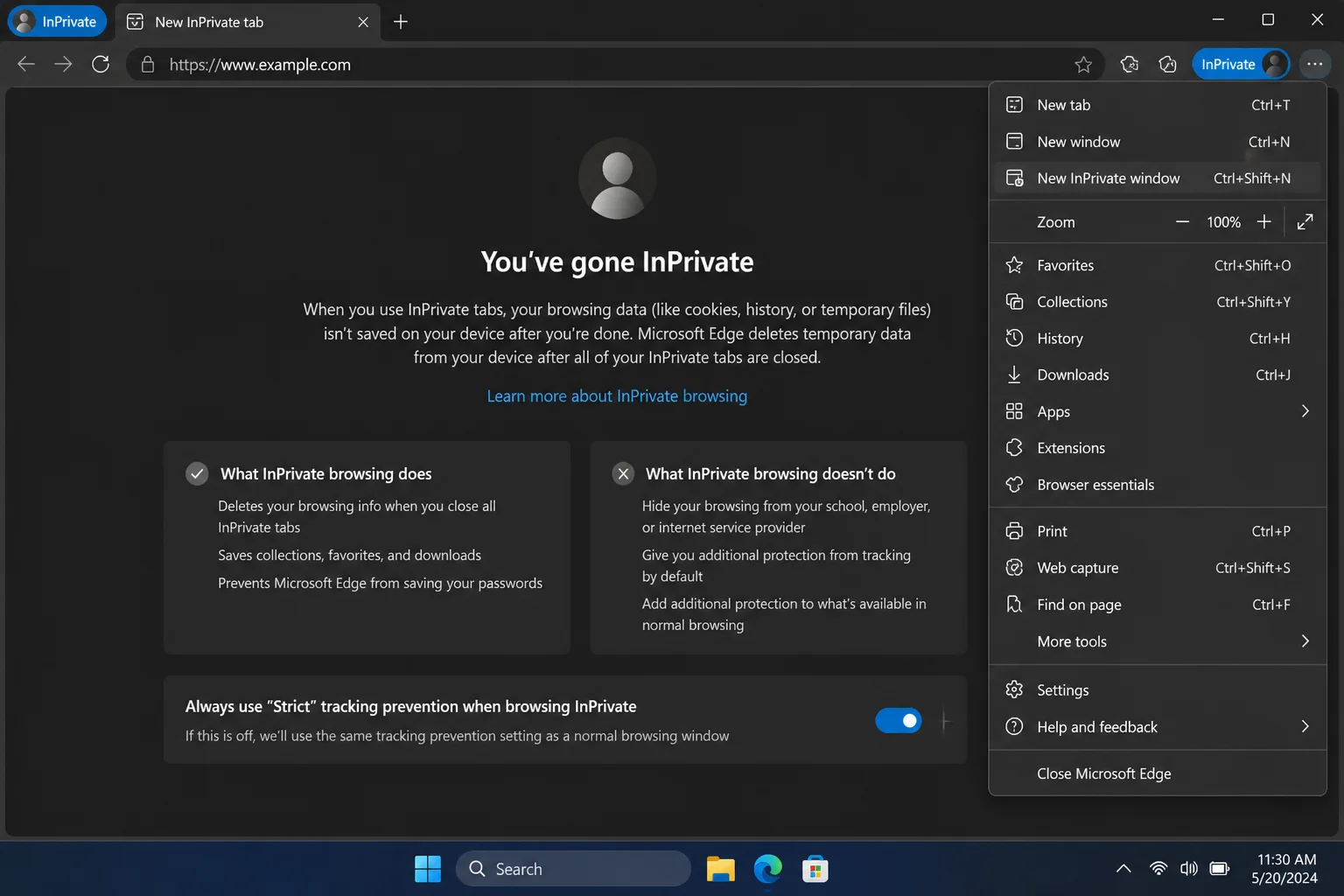 A stable Chrome or Edge private-browsing window with its Incognito or InPrivate indicator highlighted