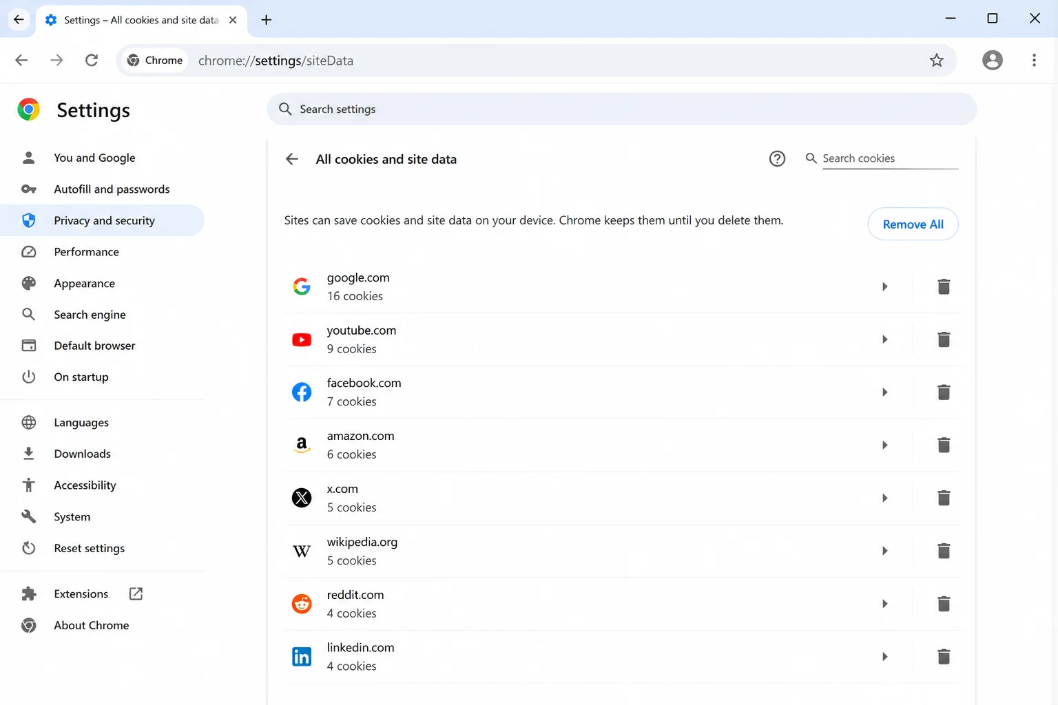 Chrome or Edge site-data settings with the site search field and site-specific removal controls visible