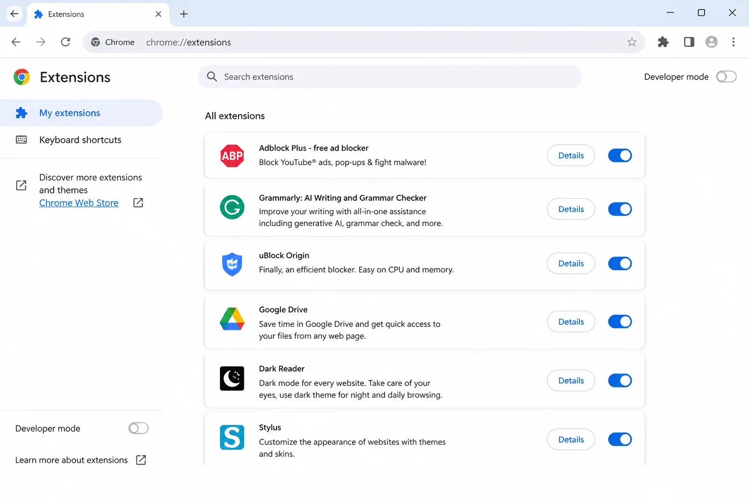 A browser extensions management page with the extension list and enable or disable controls highlighted