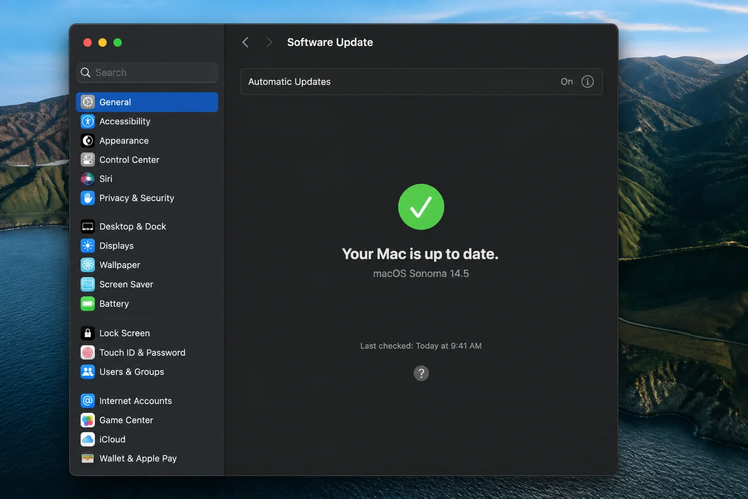 System Settings Software Update page showing the current macOS update status without account information