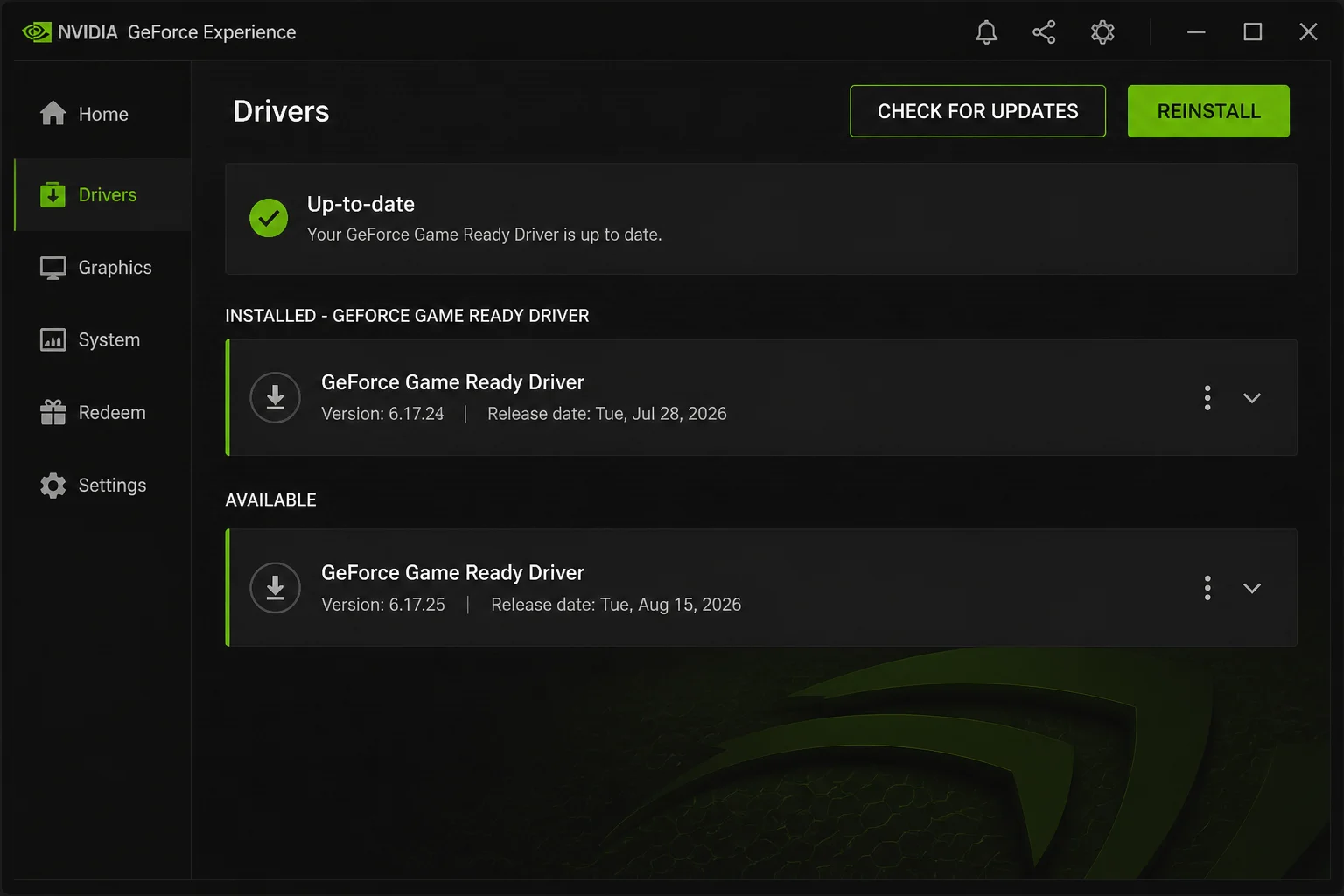 Supported GPU driver-update interface showing current driver details and the Check for Updates control highlighted