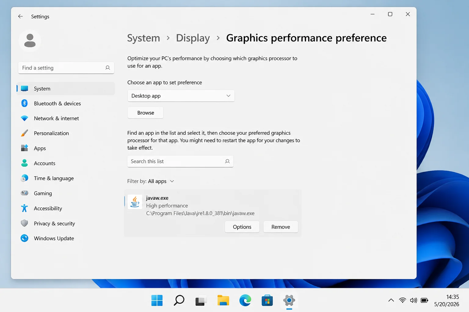 Windows Graphics settings application list with the active Minecraft javaw.exe entry and app-selection control highlighted